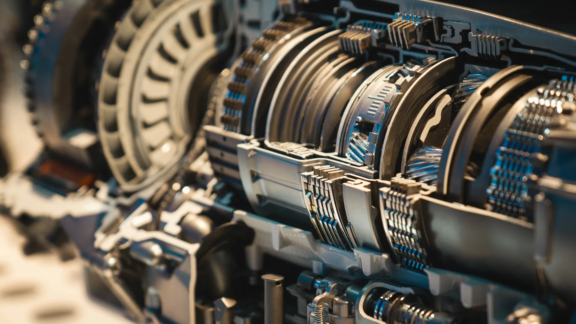 Cutaway view of a transmission's internal gears and clutch packs